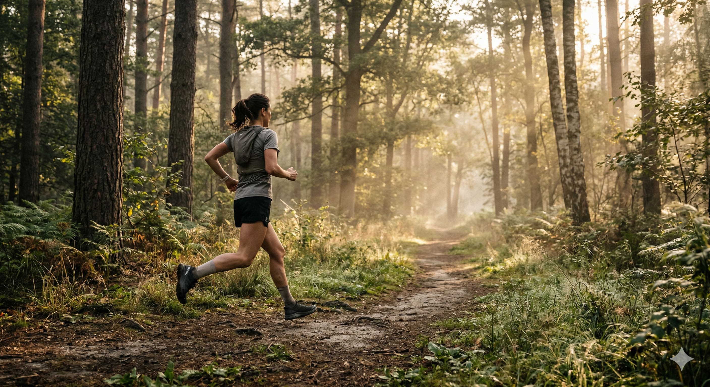 Coureurs amateurs sur un sentier nature en lumière dorée du matin