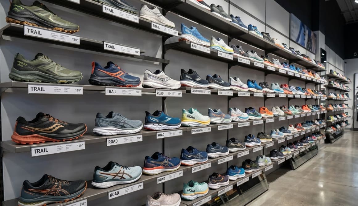 Chaussures de running posées sur un sentier nature en lumière dorée du matin