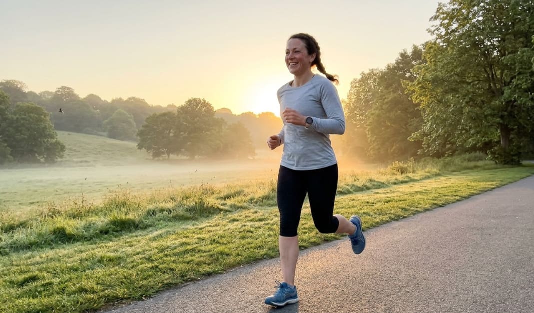 Coureur sur un sentier nature au lever du soleil, lumière dorée du matin