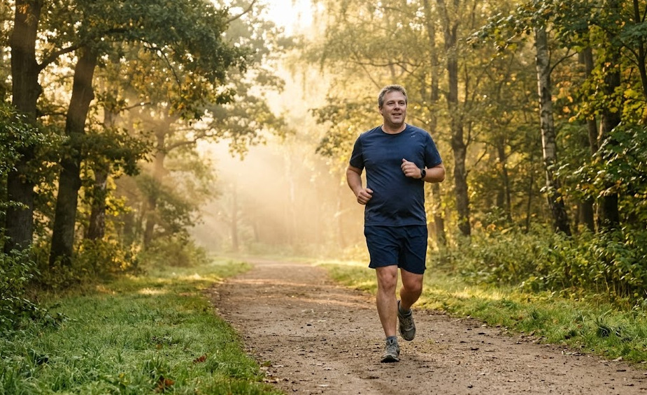Coureur débutant sur un chemin nature au soleil couchant — débuter la course à pied