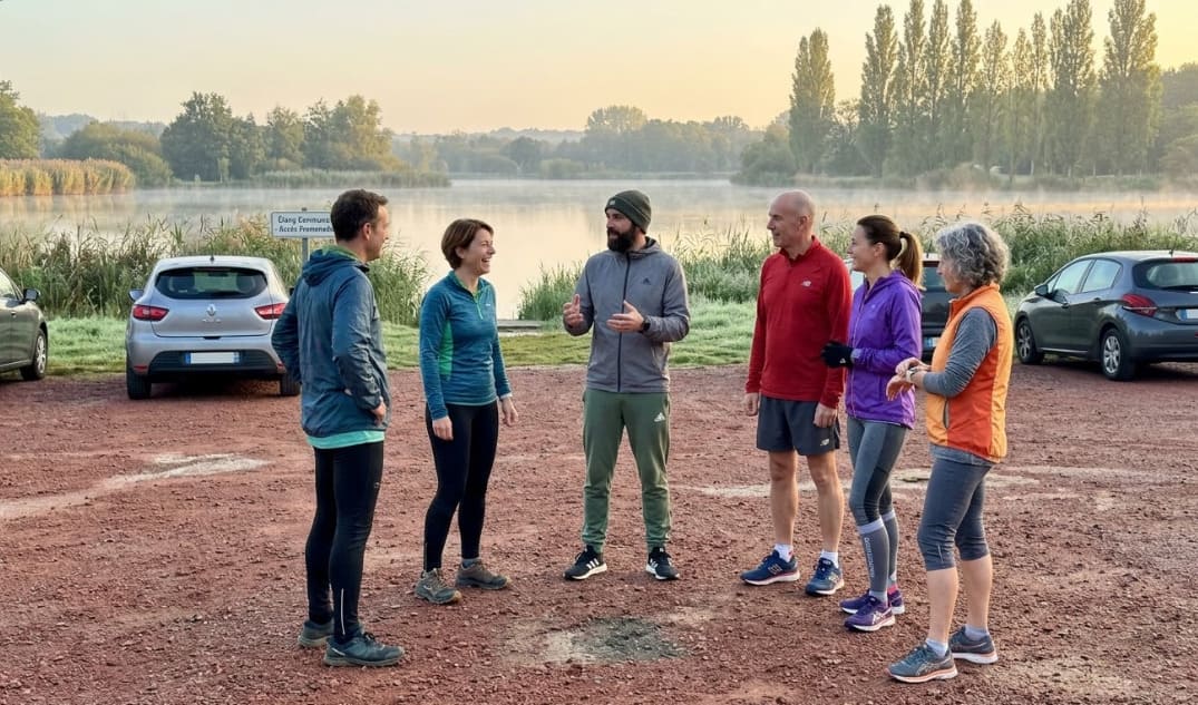 Coureur de 40 ans sur un sentier nature au lever du soleil, lumière dorée, ambiance accessible et motivante