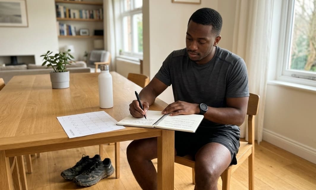 Coureur sur un sentier en forêt à la lumière dorée du matin, symbolisant un plan d'entraînement course à pied progressif