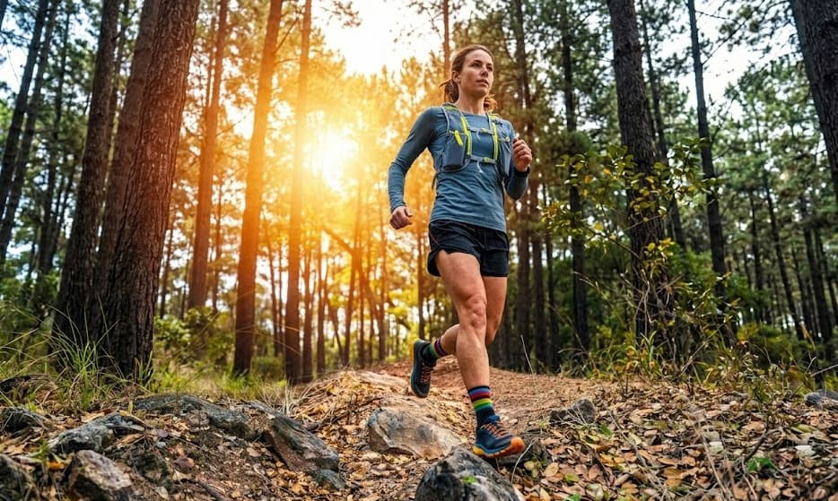 Coureur amateur sur sentier forestier en trail – débuter le trail en nature