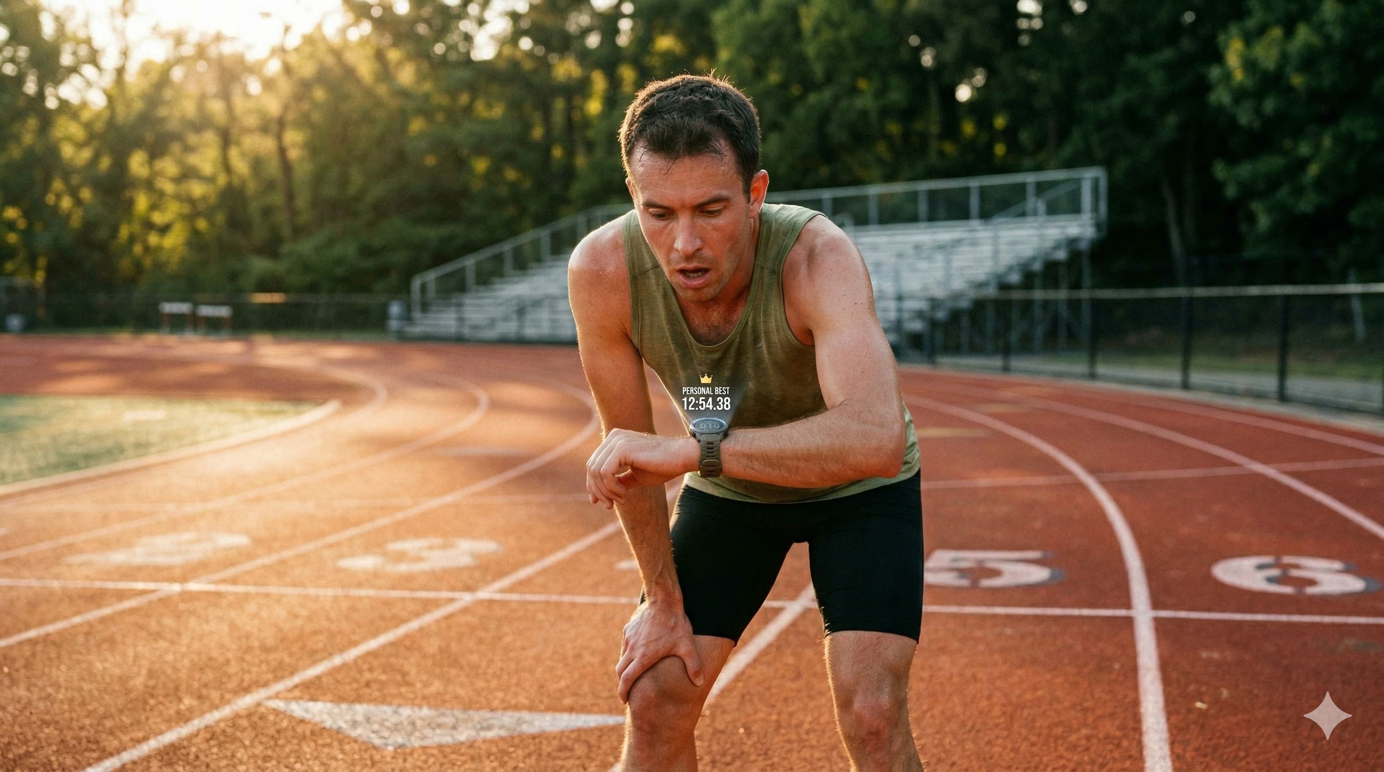 Coureur en séance de fractionné sur piste, concentration et effort visibles