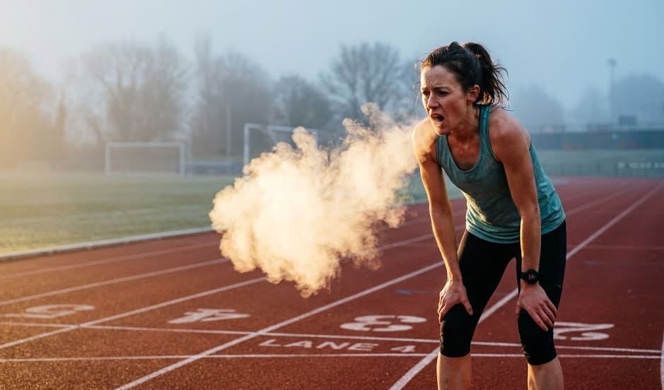 Coureuse en fin d'intervalle sur piste d'athlétisme, souffle visible dans l'air froid du matin, golden hour