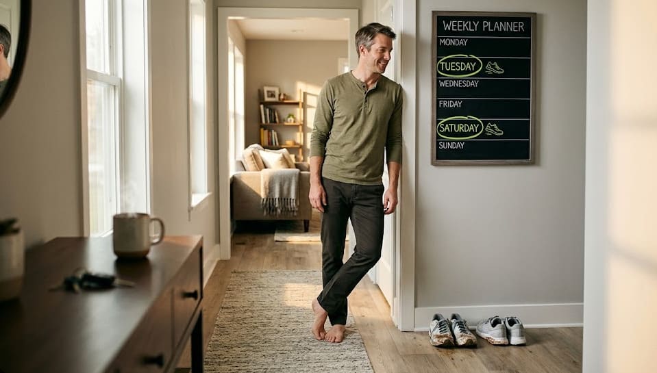 Homme détendu dans un couloir lumineux devant un planner hebdomadaire avec deux jours de course cerclés en vert, chaussures de running au sol