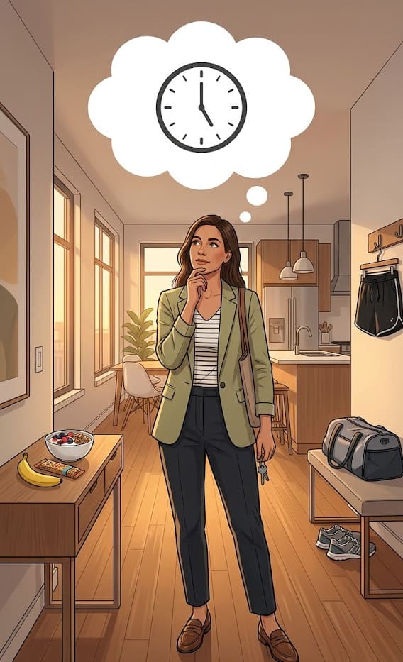 Coureuse au repos après une course matinale en sentier, lumière dorée du matin