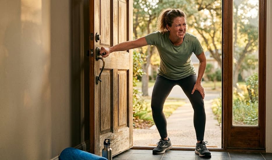 Coureur en fin de séance tenant son quadriceps, symbolisant les courbatures de la course à pied