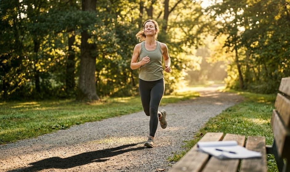 Femme en tenue de running, sortie tôt le matin avec lumière dorée, contexte nature apaisé