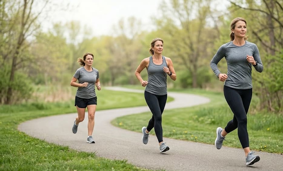 Silhouette de coureur sur un sentier au lever du soleil, illustrant la transformation physique par la course