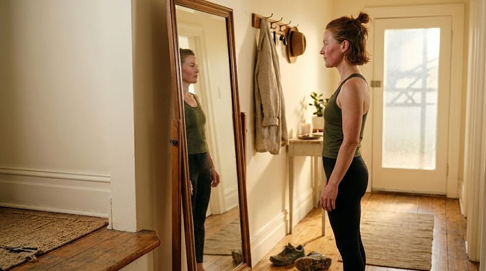 Coureuse découvrant sa silhouette affinée dans un miroir après une sortie running