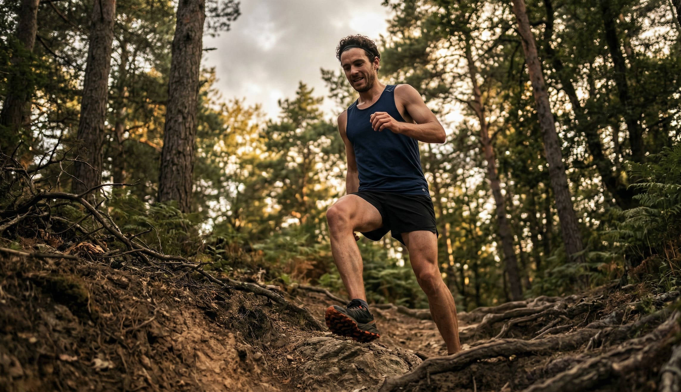 Coureur en pleine accélération sur un sentier baigné de lumière dorée