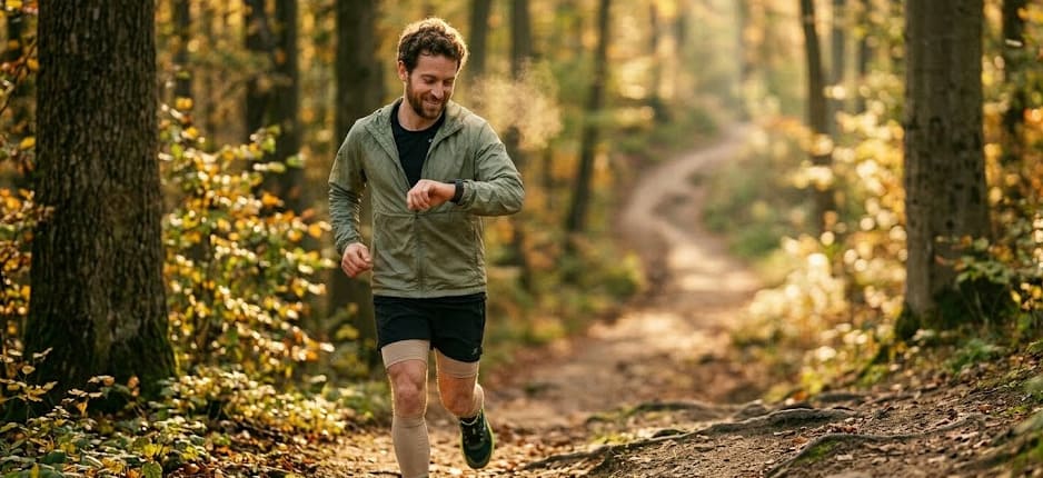 Coureur vérifiant sa fréquence cardiaque sur sa montre GPS en pleine séance de course à pied au lever du soleil