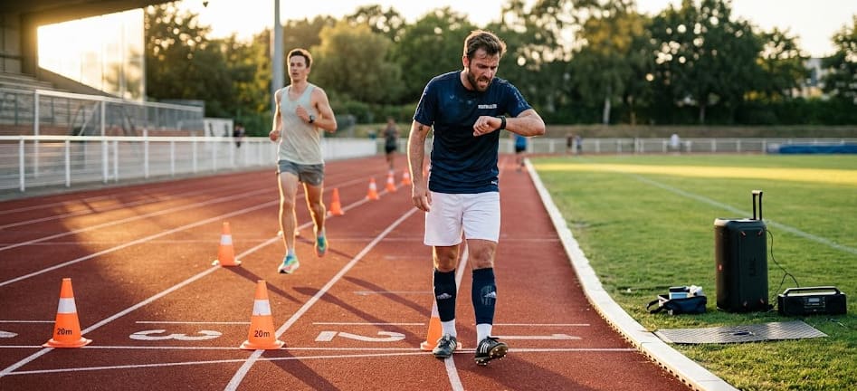 Footballeur professionnel réalisant un test VMA sur terrain d'entraînement