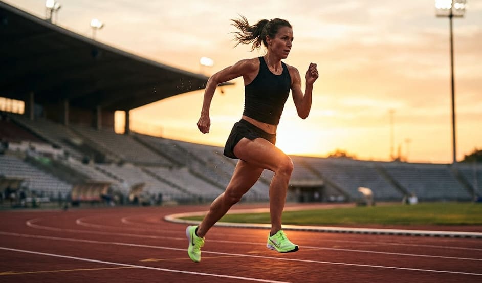 Coureur en trail sur sentier avec lumière dorée du matin