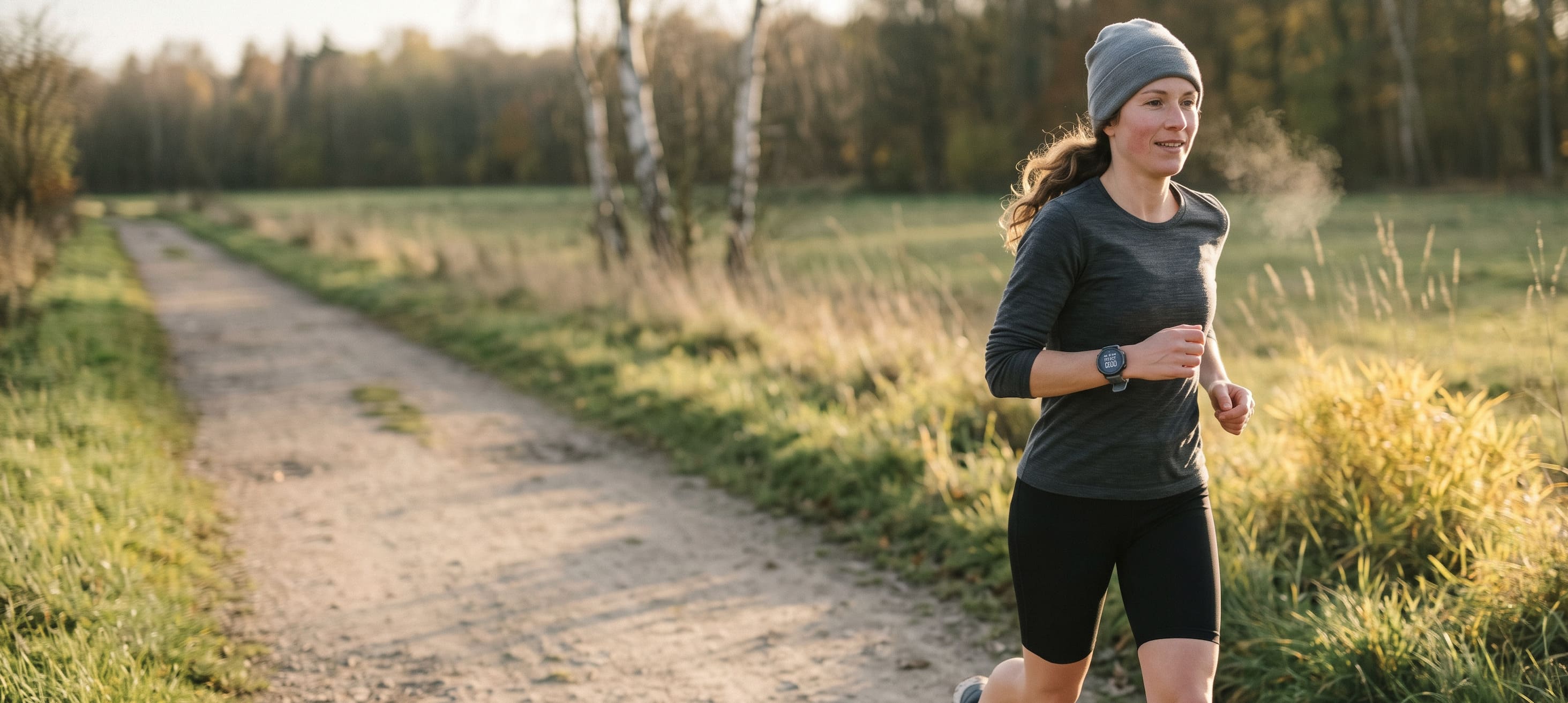 Femme 35-40 ans capturée au moment exact de la transition entre marche et course sur un sentier de campagne, smartwatch affichant l'intervalle WALK 5:00 / RUN 2:00, lumière dorée de fin de journée