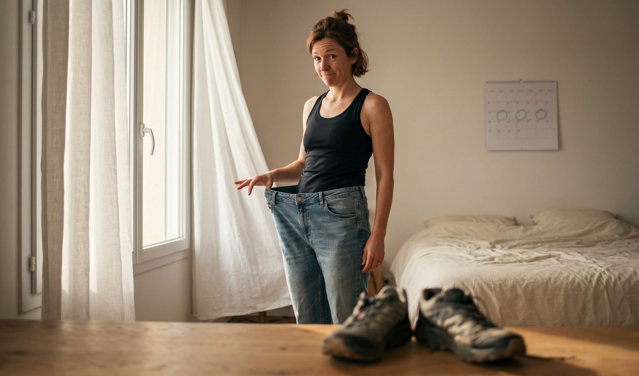 femme sportive qui montre un ancien jean qui est devenu trop grand car elle a perdu du ventre