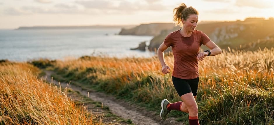 Coureur regardant sa montre cardio en plein effort, sentier au lever du jour, fréquence cardiaque visible
