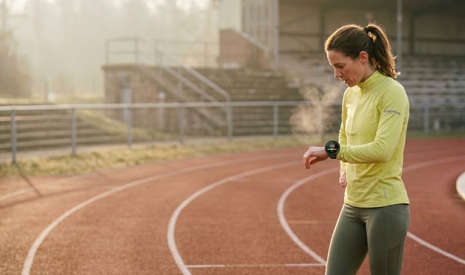 Coureuse en stade d'athlétisme lit les zones cardiaques sur sa montre GPS au lever du jour