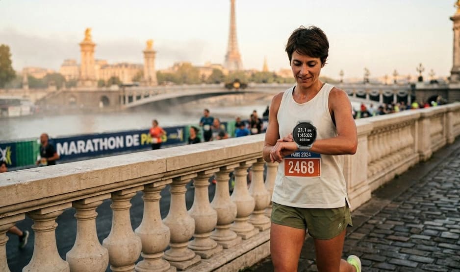 Coureuse observant son chrono marathon en plein effort, lumière dorée sur le parcours