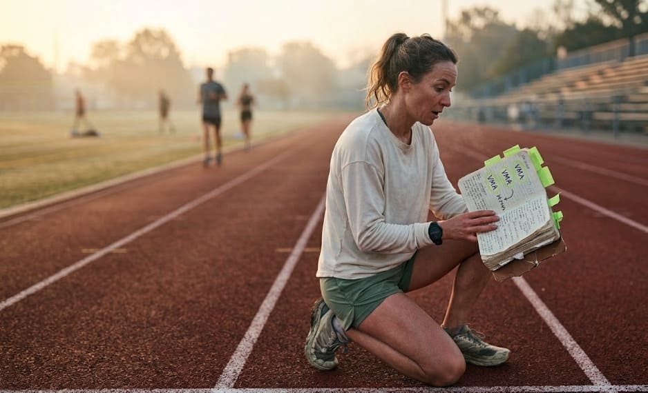 Coureuse amateur 35-40 ans sur piste après un test VMA de 6 minutes, carnet ouvert avec VMA encerclée