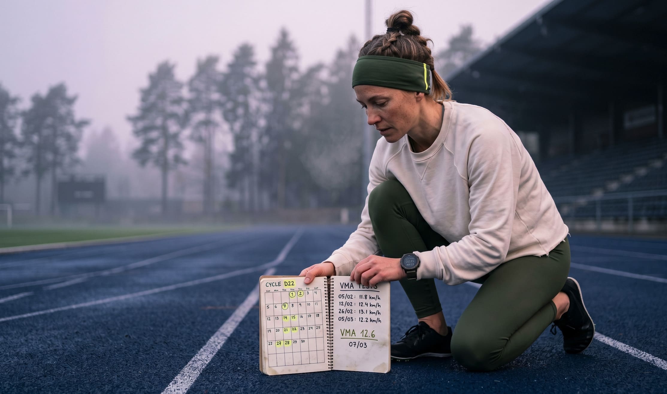 Coureuse concentrée sur piste d'athlétisme en lumière dorée, observant les marques de VMA au sol
