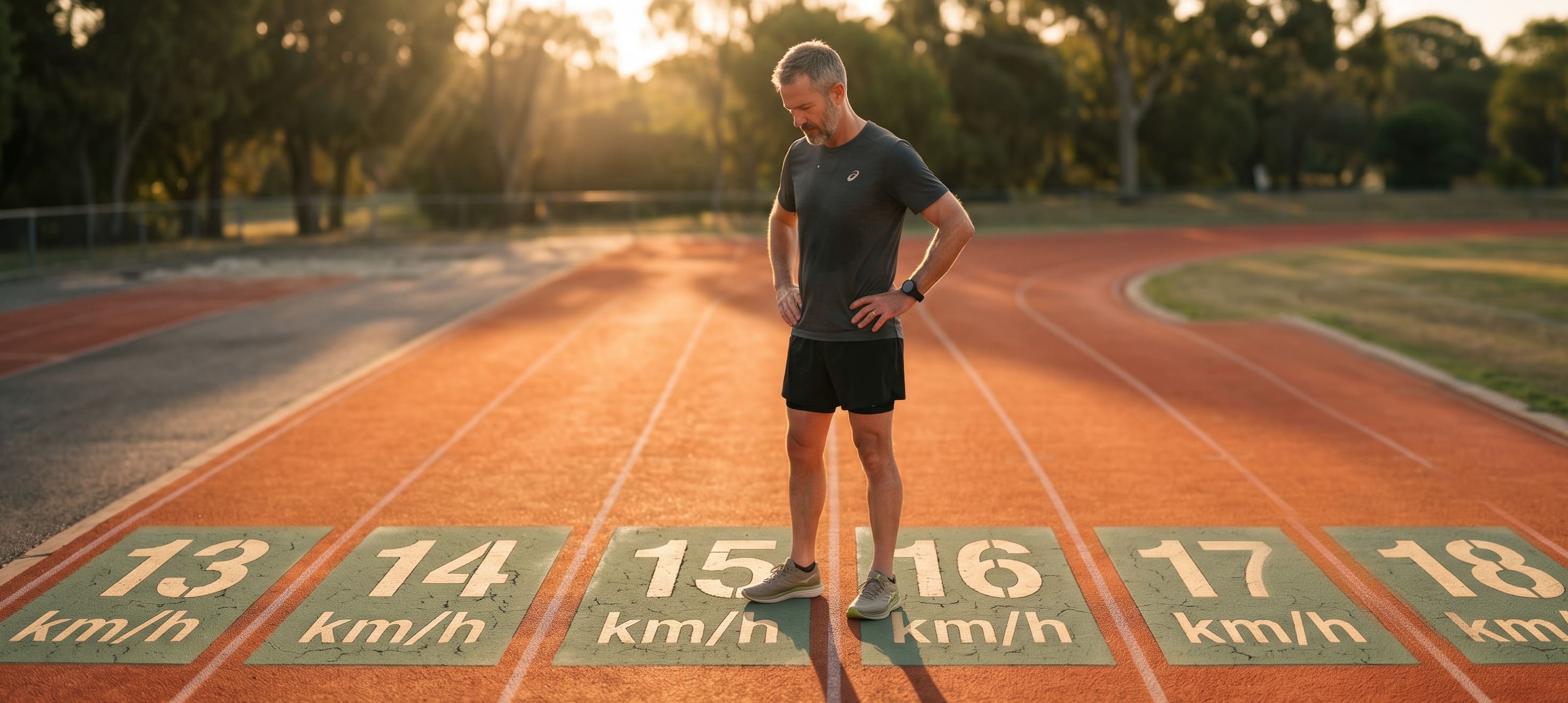 Coureur homme de 45-50 ans sur piste d'athlétisme cherchant sa place entre les marques de VMA peintes au sol en lumière dorée