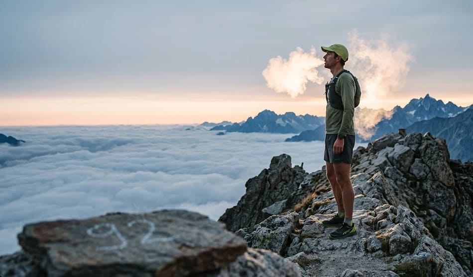 Coureur trail élite sur crête alpine haute altitude illustration VO2max Kilian Jornet 88 à 92 ml/min/kg