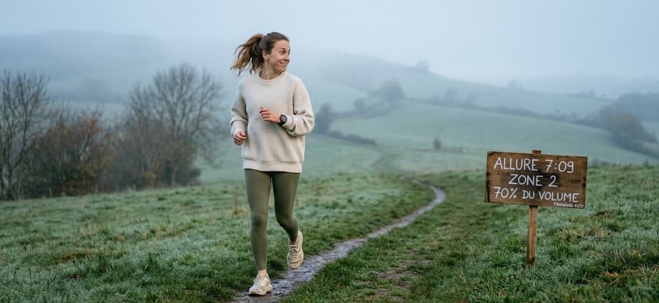 Coureur en endurance fondamentale dans un parc forestier au coucher du soleil