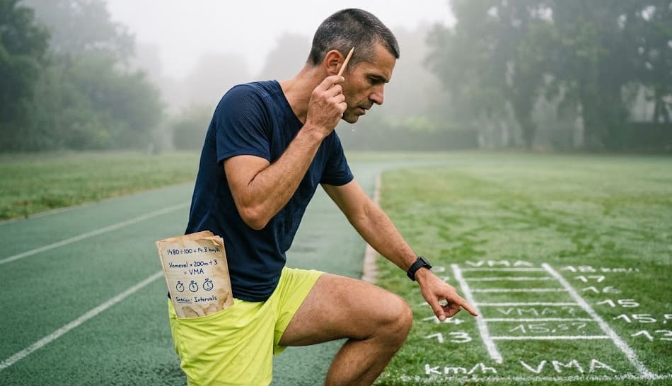 Coureur en plein test VMA sur une piste d'athlétisme, chrono visible au poignet