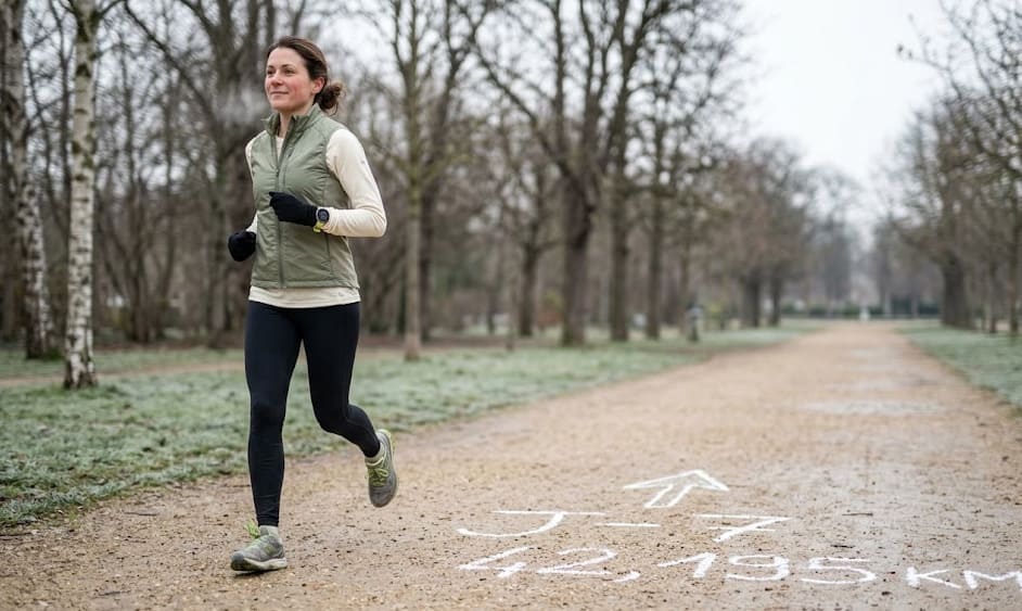 Coureur en dernière sortie longue avant marathon, sentier de campagne en lumière dorée, montre GPS au poignet