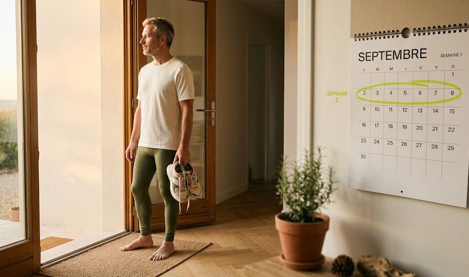 Coureur en tenue olive et crème devant l'entrée de sa maison, chaussures de running à la main, prêt à recommencer à courir un matin de golden hour