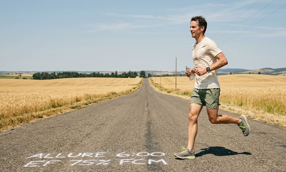 Coureur sur une longue route en lumière dorée, fin de journée — symbole de la sortie longue marathon