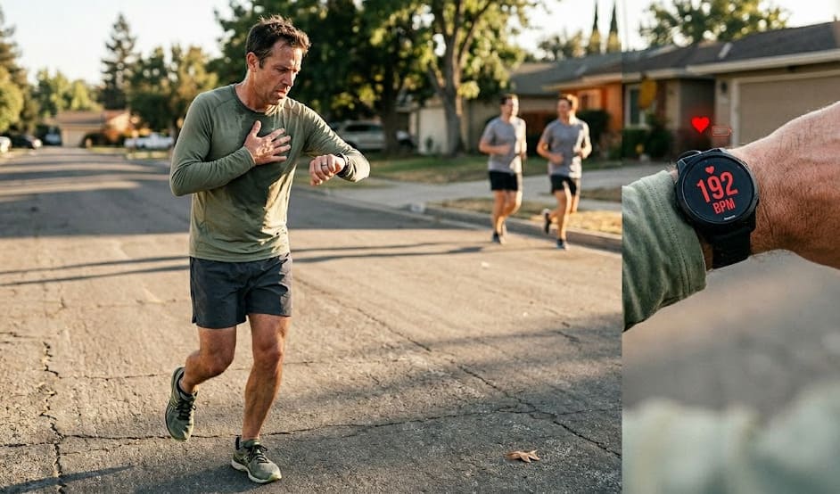 Coureur regardant sa montre cardio en plein effort, sentier au lever du jour, fréquence cardiaque visible