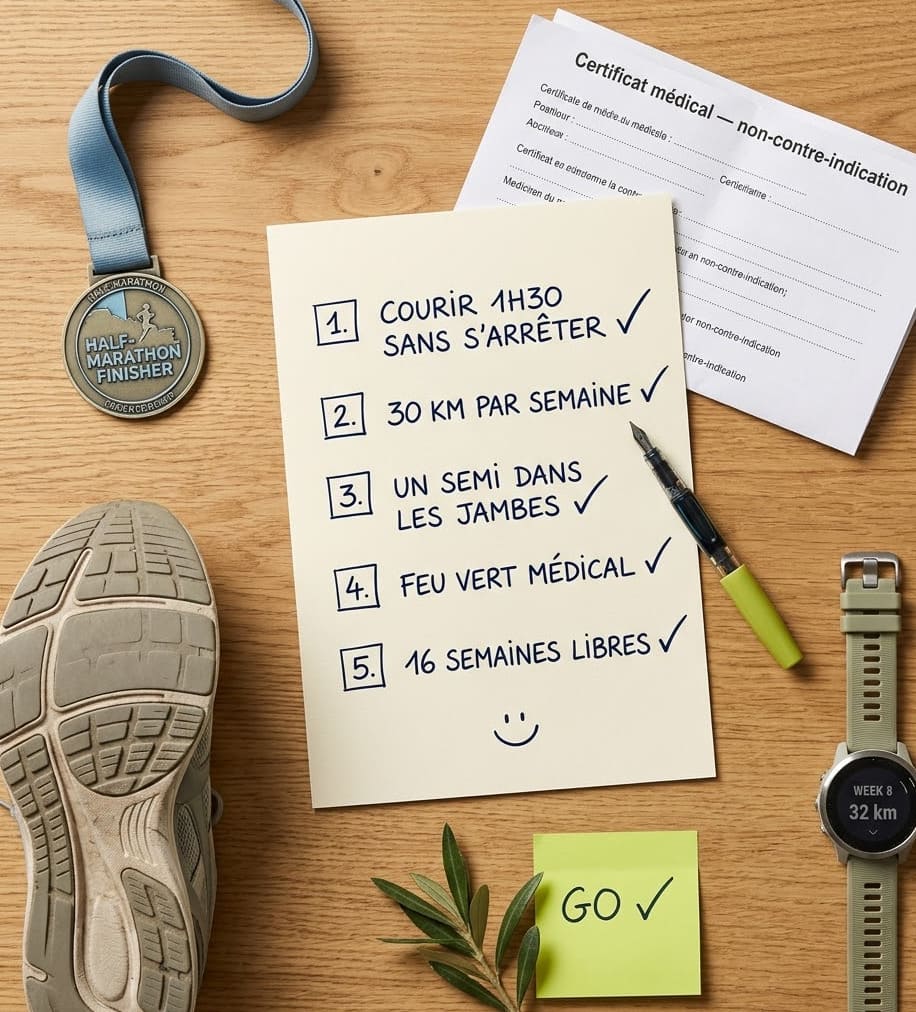 Check-list des 5 prérequis pour préparer son premier marathon (volume hebdo, semi, feu vert médical) écrite à la main sur un carnet