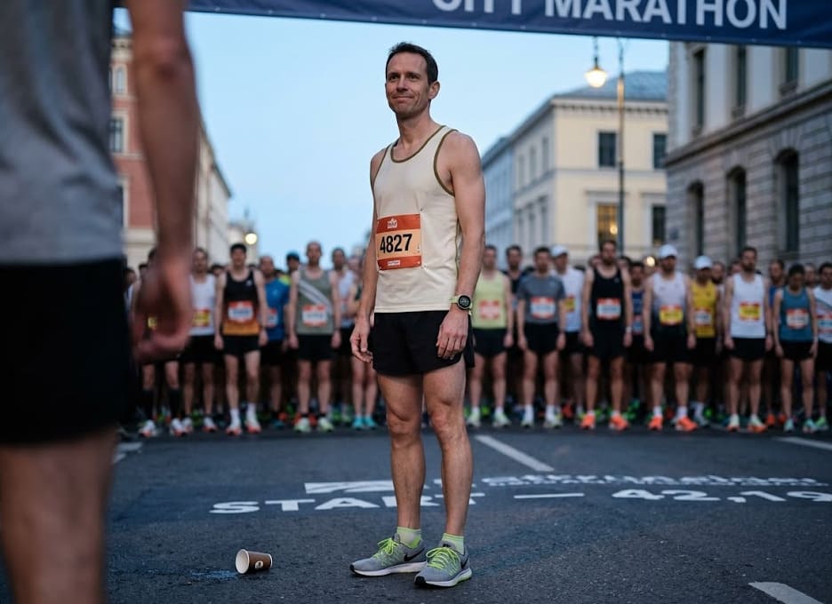 Coureur dossard 4827 dans le sas de départ d'un marathon urbain à l'aube — le moment juste avant le coup de pistolet