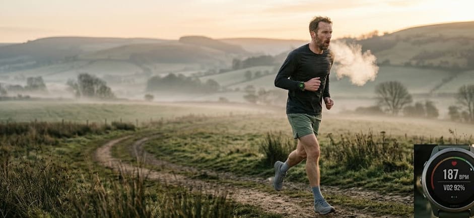 Coureur quarantenaire en test d'effort sur sentier rural à l'aube, montre GPS affichant 187 bpm — VO2 max homme à son plafond aérobie