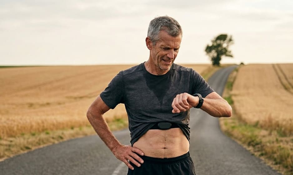 Coureur cinquantenaire vérifiant sa fréquence cardiaque max sur sa montre après une côte rurale — la VO2 max homme baisse d'environ 1 % par an avec l'âge