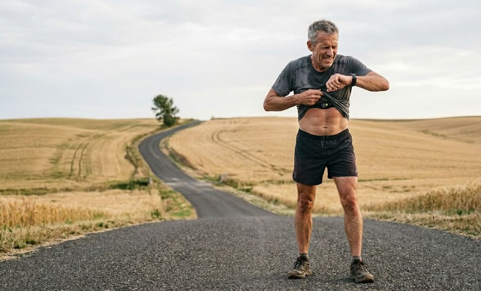 Coureur homme trentenaire en allure d'endurance sur chemin forestier sous lumière filtrée — zone aérobie sous le seuil de la VO2 max