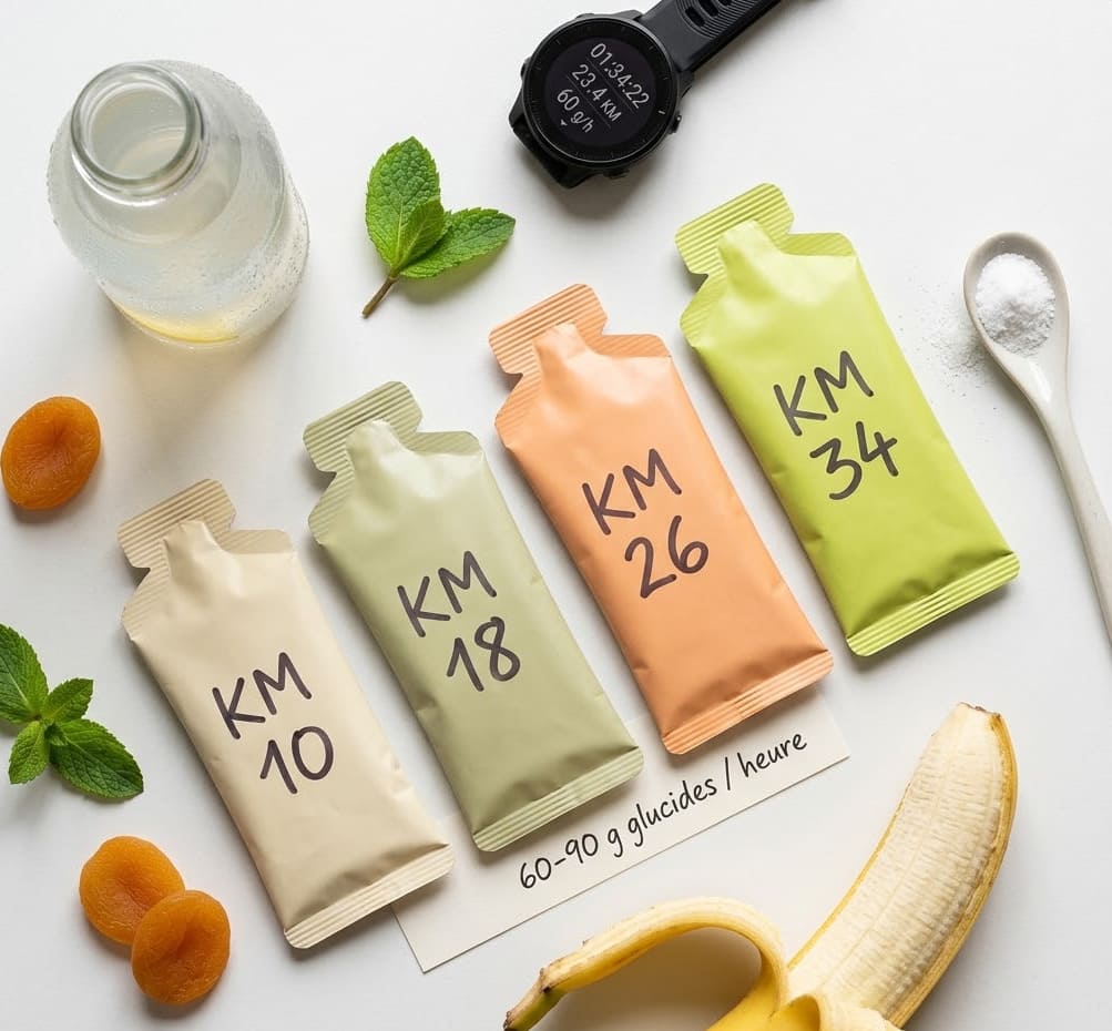 Gels énergétiques alignés en diagonale, boisson isotonique et banane sur surface claire — stratégie nutrition marathon 60 à 90 g de glucides par heure
