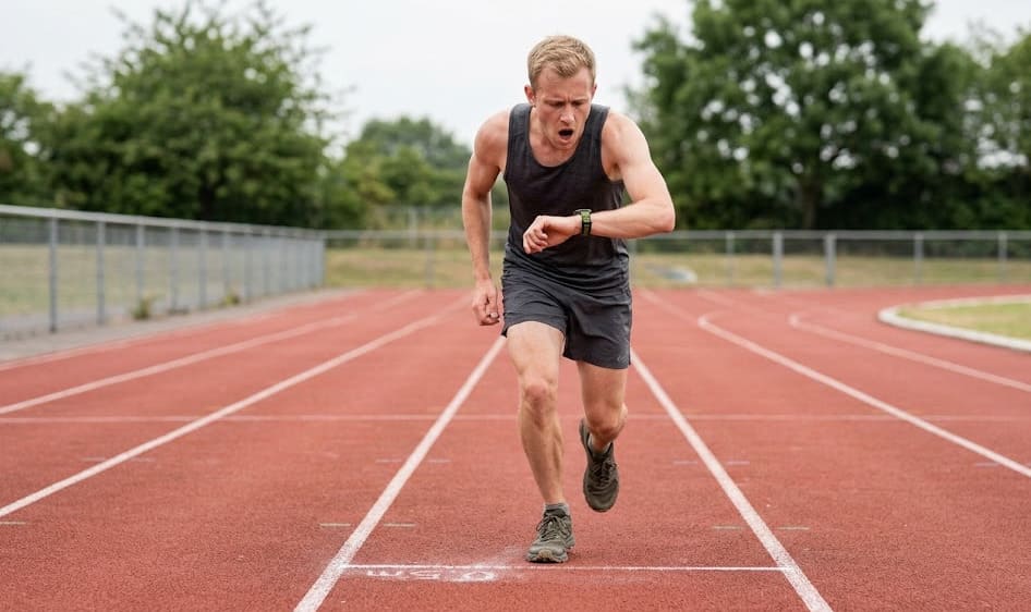 Coureur homme sur piste d'athlétisme rouge en fin de test de Cooper 12 minutes, montre GPS affichant la distance pour calculer sa VO2 max homme