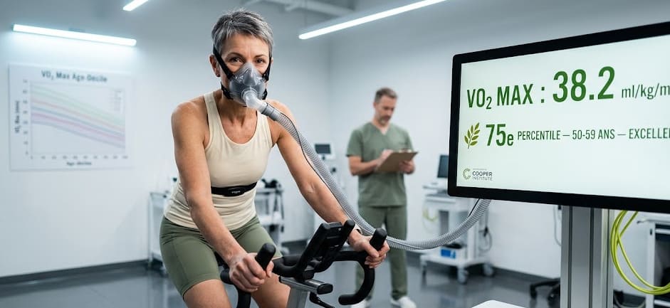Coureuse quarantenaire en test d'effort sur sentier de campagne à l'aube, montre GPS affichant 178 bpm — VO2 max femme à son plafond aérobie