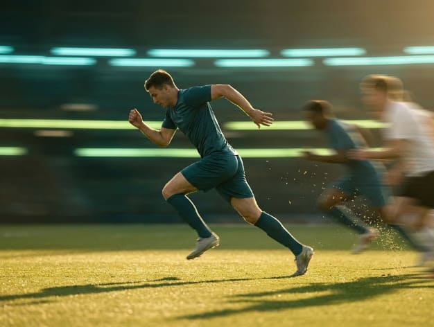 Footballeur lancé à pleine vitesse distançant ses adversaires, illustration du joueur de football le plus rapide