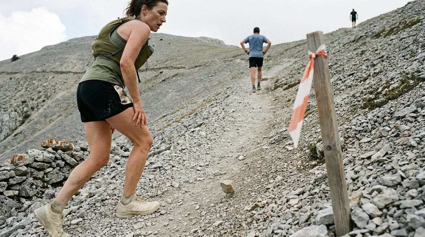 Traileuse en montée sur un sentier de pierriers, une main appuyée sur la cuisse, balise de course à ruban orange et blanc au premier plan et deux coureurs plus haut sur la pente