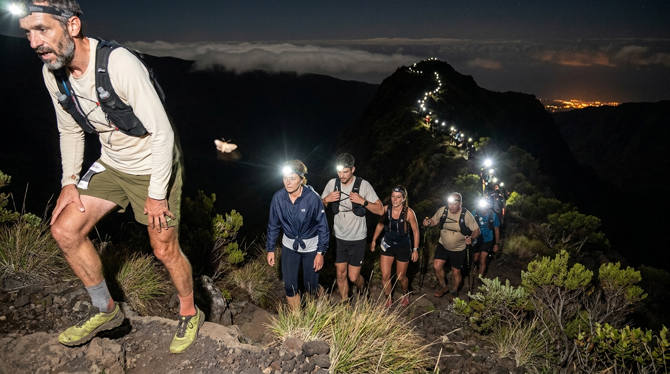 Coureur d'ultra-trail de nuit sur une cr&ecirc;te volcanique de La R&eacute;union, une main appuy&eacute;e sur le genou, et une cha&icirc;ne de frontales qui s'&eacute;tire au loin sur l'ar&ecirc;te au-dessus d'une mer de nuages