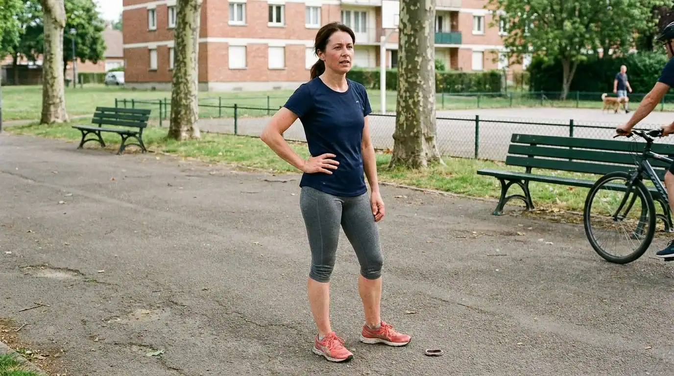 Coureuse en pause sur une allée de parc, main posée sur la crête iliaque pour tester sa hanche avant de repartir