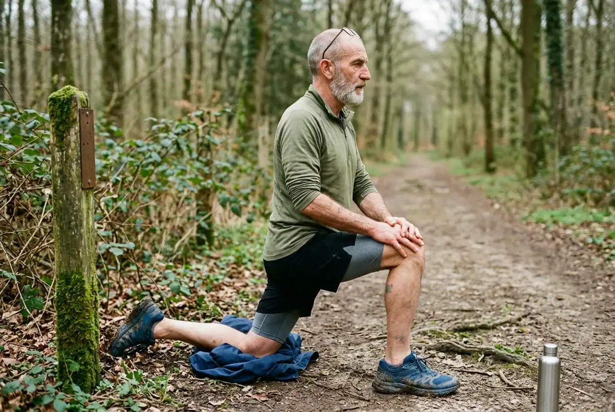Coureur en fente genou au sol réalisant un étirement du psoas au bord d'un sentier forestier