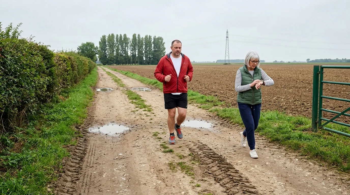 Deux coureurs sur un chemin de terre entre les haies, l'un trottinant, l'autre marchant en surveillant sa montre