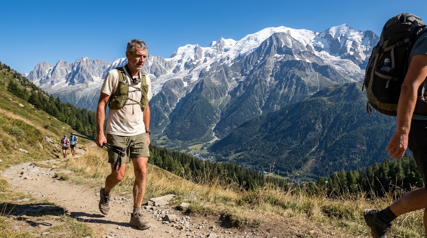 Coureur d'ultra-trail marchant bâtons en main sur un sentier en balcon au-dessus de la vallée de Chamonix, face au massif du Mont-Blanc enneigé
