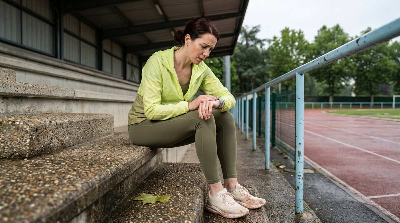Coureuse assise dans les gradins d'un stade sous la pluie, en train de lire la VO2max affichee par sa montre GPS